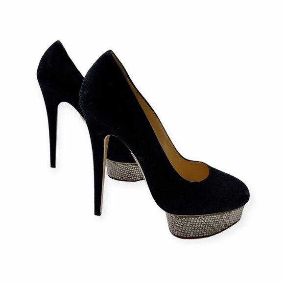 Charlotte Olympia Dolly Platform Pumps with Metal Platform, 41 EU, Navy Suede - Picture 8 of 16